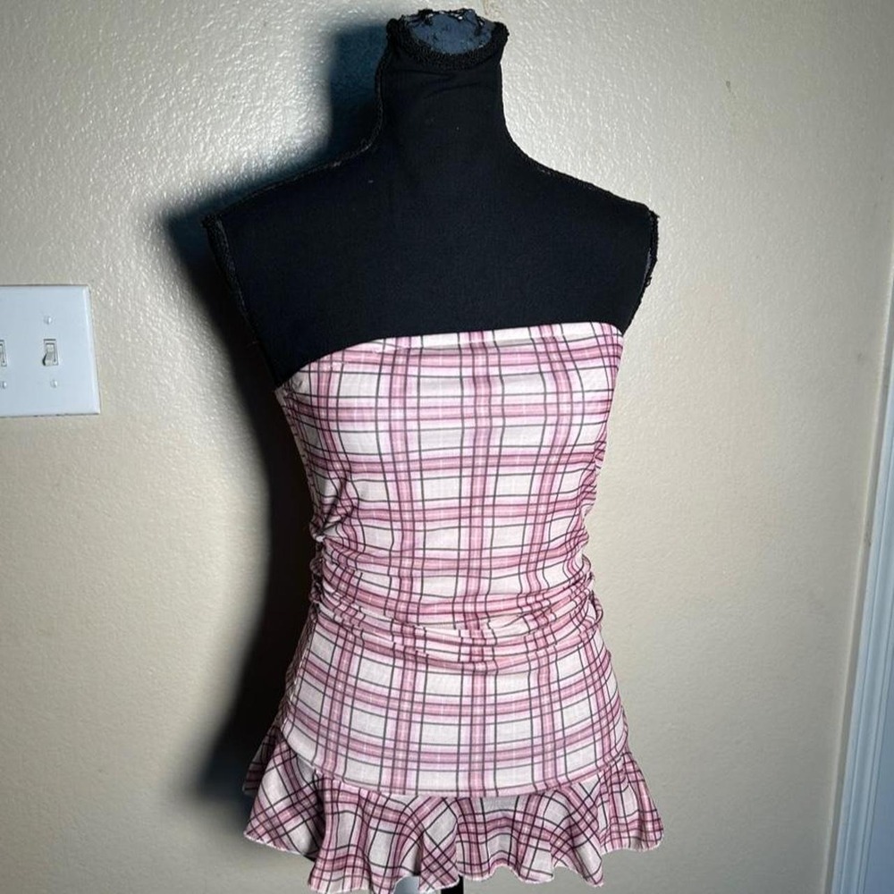 Y2K Pink Plaid Ruched Tube Top Strapless Ruffle Coquette McBling Size Small